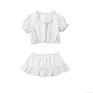 Women's Elegant White Lace Trim Puff Sleeve Top And Mini Skirt Two Piece Set Summer Streetwear Slim Fit Crop Top With Ruffle Short Skirt Outfit For Ladies