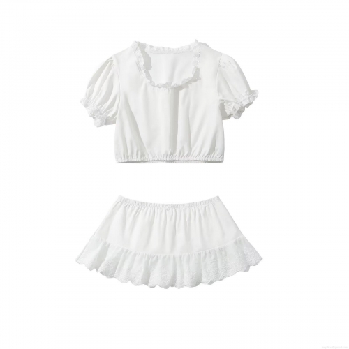 Women's Elegant White Lace Trim Puff Sleeve Top And Mini Skirt Two Piece Set Summer Streetwear Slim Fit Crop Top With Ruffle Short Skirt Outfit For Ladies