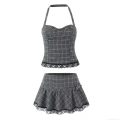 Women's Sexy Grey Plaid Halter Crop Top And Lace Trim Mini Pleated Skirt Two Piece Set 100% Polyester Patchwork Streetwear Summer Outfit