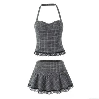 Women's Sexy Grey Plaid Halter Crop Top And Lace Trim Mini Pleated Skirt Two Piece Set 100% Polyester Patchwork Streetwear Summer Outfit