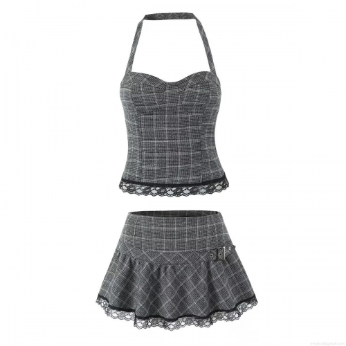 Women's Sexy Grey Plaid Halter Crop Top And Lace Trim Mini Pleated Skirt Two Piece Set 100% Polyester Patchwork Streetwear Summer Outfit