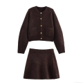 Women's 2-Piece Knitted Skirt Set Button Down Plush Cardigan And A-Line Mini Skirt Streetwear Casual Brown Outfit For Women