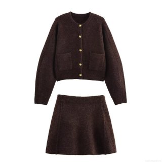 Women's 2-Piece Knitted Skirt Set Button Down Plush Cardigan And A-Line Mini Skirt Streetwear Casual Brown Outfit For Women