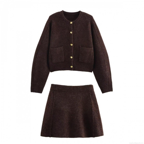 Women's 2-Piece Knitted Skirt Set Button Down Plush Cardigan And A-Line Mini Skirt Streetwear Casual Brown Outfit For Women