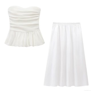 Women's 2-Piece Skirt Set Elegant Ruched Off-Shoulder Peplum Top And High Waist Pleated Midi Skirt Solid Color Cotton Blend Streetwear Outfit For Women