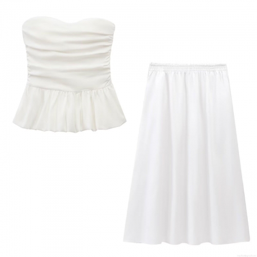 Women's 2-Piece Skirt Set Elegant Ruched Off-Shoulder Peplum Top And High Waist Pleated Midi Skirt Solid Color Cotton Blend Streetwear Outfit For Women