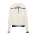 Women's Preppy Style Cable Knit Two Piece Set Contrast Stripe Polo Long Sleeve Sweater and Pleated Mini Skirt College Outfit