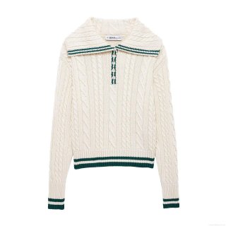 Women's Preppy Style Cable Knit Two Piece Set Contrast Stripe Polo Long Sleeve Sweater and Pleated Mini Skirt College Outfit