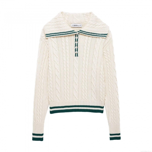 Women's Preppy Style Cable Knit Two Piece Set Contrast Stripe Polo Long Sleeve Sweater and Pleated Mini Skirt College Outfit