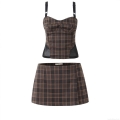 Women's Summer Plaid Two-Piece Set Brown Checkered Patchwork Mesh Cami Crop Top and Mini Skirt Sexy Streetwear Outfits For Women Clubwear