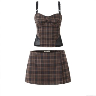 Women's Summer Plaid Two-Piece Set Brown Checkered Patchwork Mesh Cami Crop Top and Mini Skirt Sexy Streetwear Outfits For Women Clubwear