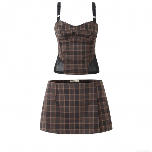 Women's Summer Plaid Two-Piece Set Brown Checkered Patchwork Mesh Cami Crop Top and Mini Skirt Sexy Streetwear Outfits For Women Clubwear