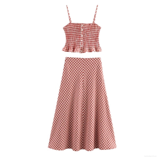 Women's Summer Red White Gingham Two Piece Set Smocked Cami Crop Top and High Waist A-Line Midi Skirt Plaid Vacation Outfit Set