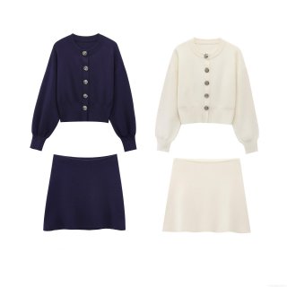 Women's Knit Skirt Set Cotton 2-Piece Outfit Cardigan And Mini A-Line Skirt With Floral Metal Buttons Retro Western Streetwear For Women
