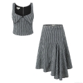 Women's Gingham Two Piece Skirt Set Cotton Square Neck Sleeveless Zipper Crop Top Irregular Hem Skirt Metal Eyelets Summer Streetwear