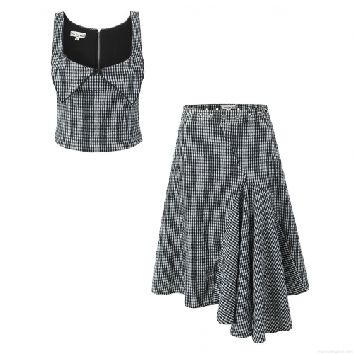 Women's Gingham Two Piece Skirt Set Cotton Square Neck Sleeveless Zipper Crop Top Irregular Hem Skirt Metal Eyelets Summer Streetwear