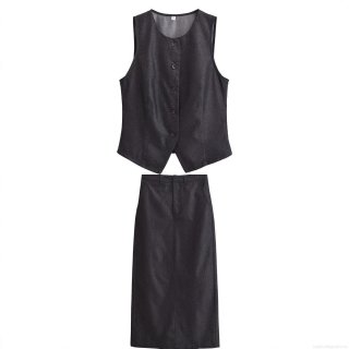 Women's 2-Piece Skirt Set Slim Fit V-Neck Single Breasted Vest And Midi Straight Skirt Denim Texture Polyester Suit Streetwear Outfits