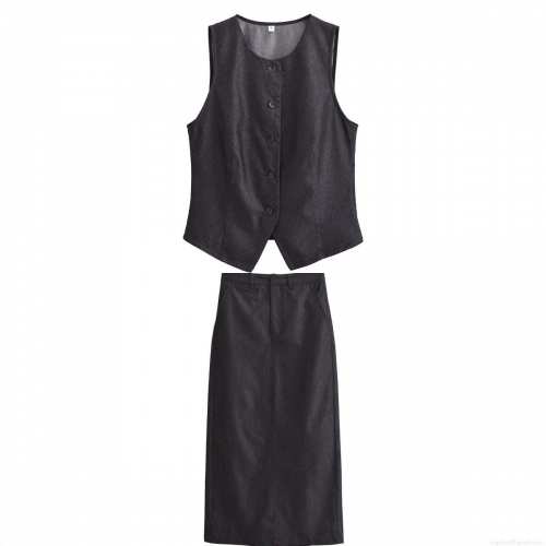 Women's 2-Piece Skirt Set Slim Fit V-Neck Single Breasted Vest And Midi Straight Skirt Denim Texture Polyester Suit Streetwear Outfits