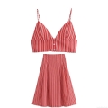 Women Summer Two Piece Skirt Set Red White Striped Sleeveless V-Neck Button Crop Top and High Waist A-Line Midi Skirt Casual Streetwear Co-ords