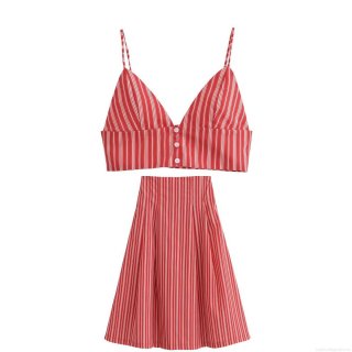 Women Summer Two Piece Skirt Set Red White Striped Sleeveless V-Neck Button Crop Top and High Waist A-Line Midi Skirt Casual Streetwear Co-ords