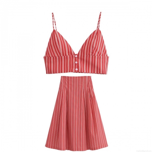 Women Summer Two Piece Skirt Set Red White Striped Sleeveless V-Neck Button Crop Top and High Waist A-Line Midi Skirt Casual Streetwear Co-ords