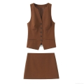Women's 2 Piece Skirt Set Dark Brown Polyester V Neck Single Breasted Button Vest And High Waist A-Line Mini Skirt Streetwear Chic Office Suit For Lady