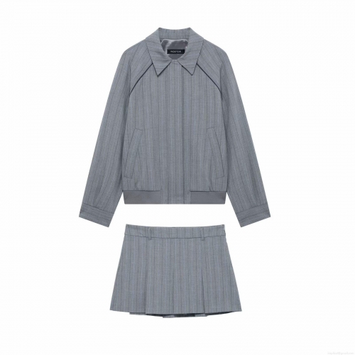 Women Pinstripe 2 Piece Set Zipper Bomber Jacket And Pleated Mini Skirt Outfits European American Streetwear Polyester Casual Clothing Set Grey