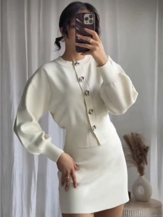 Women's European Fashion Knit Cardigan and Mini Skirt 2-Piece Set 100% Polyester Long Sleeve Sweater with Metal Buttons Solid Color A-Line Skirt Suit Streetwear