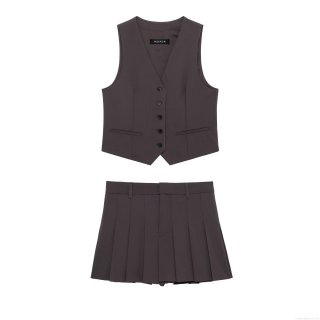 Women's 2 Piece Suit Set Fashion V Neck Sleeveless Single Breasted Vest And High Waist Pleated Skort Set Solid Color Streetwear Sleeveless Top And Skirt-Pants Outfit For Women