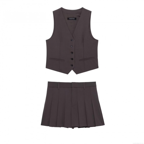 Women's 2 Piece Suit Set Fashion V Neck Sleeveless Single Breasted Vest And High Waist Pleated Skort Set Solid Color Streetwear Sleeveless Top And Skirt-Pants Outfit For Women