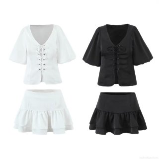 Women's Two Piece Skirt Set V-Neck Lace-up Puff Sleeve Top and Multi Layered Ruffle Mini Skirt Fashion Streetwear Summer Outfit Polyester Slim Fit Two-Piece Clothing