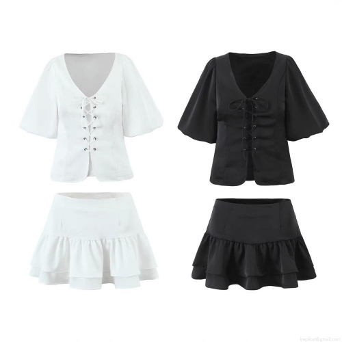 Women's Two Piece Skirt Set V-Neck Lace-up Puff Sleeve Top and Multi Layered Ruffle Mini Skirt Fashion Streetwear Summer Outfit Polyester Slim Fit Two-Piece Clothing