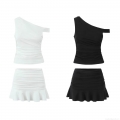 Women's Summer Two-Piece Set Sexy One-Shoulder Ruched Top And Ruffle Mini Skirt Slim Fit Solid Color Streetwear Clothing Set For Daily Vacation Party