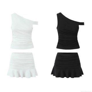 Women's Summer Two-Piece Set Sexy One-Shoulder Ruched Top And Ruffle Mini Skirt Slim Fit Solid Color Streetwear Clothing Set For Daily Vacation Party