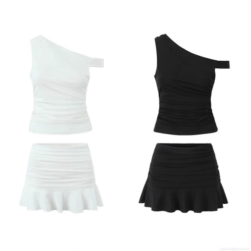 Women's Summer Two-Piece Set Sexy One-Shoulder Ruched Top And Ruffle Mini Skirt Slim Fit Solid Color Streetwear Clothing Set For Daily Vacation Party