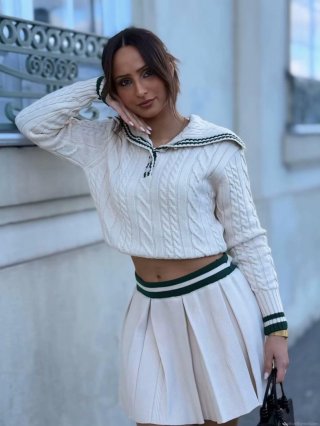 Women's Preppy Style Knit Two Piece Set Contrast Stripe Cable Knit Long Sleeve Lapel Sweater And High Waisted Pleated Mini Skirt 100% Polyester Casual Skirt Suit