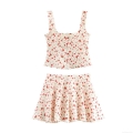 Women's Floral Print Two Piece Set Square Neck Button Front Ruffle Cami Top and High Waist A-Line Mini Skirt French Vintage Summer Vacation Outfit