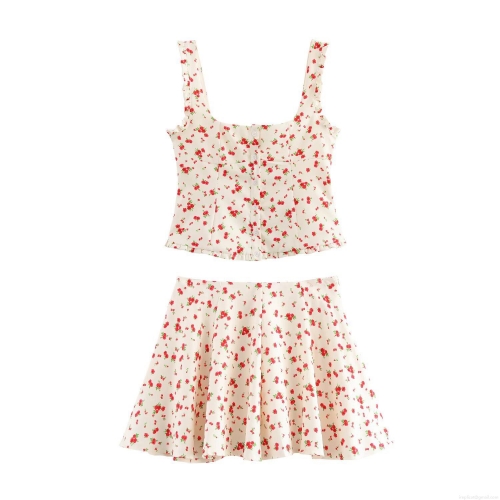 Women's Floral Print Two Piece Set Square Neck Button Front Ruffle Cami Top and High Waist A-Line Mini Skirt French Vintage Summer Vacation Outfit