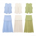 Women's Two Piece Knit Set V-Neck Sleeveless Button Vest And High Waist Pleated Patchwork Maxi Skirt Outfits Fashion Sleeveless Top Long Skirt Suits