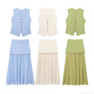 Women's Two Piece Knit Set V-Neck Sleeveless Button Vest And High Waist Pleated Patchwork Maxi Skirt Outfits Fashion Sleeveless Top Long Skirt Suits