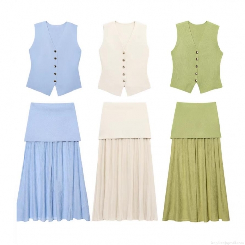 Women's Two Piece Knit Set V-Neck Sleeveless Button Vest And High Waist Pleated Patchwork Maxi Skirt Outfits Fashion Sleeveless Top Long Skirt Suits