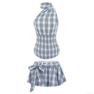 Women's Summer Plaid Halter Neck Sleeveless Crop Top and Mini Skort Set Two-Piece Smocked Checkered Outfits Streetwear