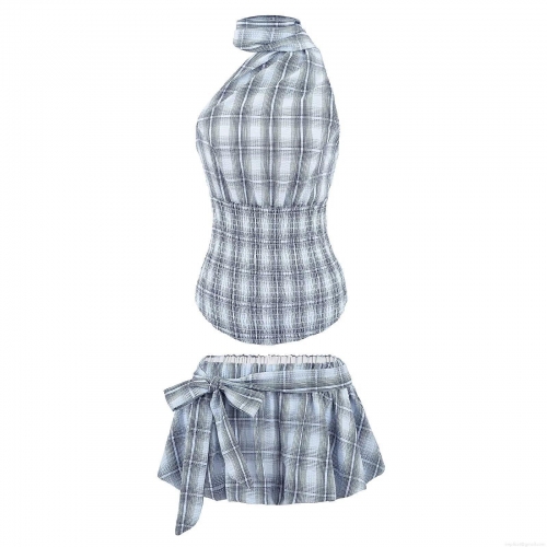 Women's Summer Plaid Halter Neck Sleeveless Crop Top and Mini Skort Set Two-Piece Smocked Checkered Outfits Streetwear