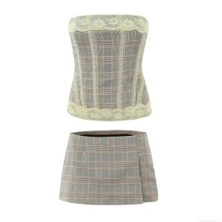 Women's 2 Piece Plaid Outfits Lace Trim Bandeau Tube Top and High Waist Mini Skirt Set Summer Sexy Backless Streetwear Fashion Clubwear Co-ord Set For Women