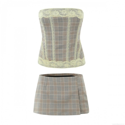 Women's 2 Piece Plaid Outfits Lace Trim Bandeau Tube Top and High Waist Mini Skirt Set Summer Sexy Backless Streetwear Fashion Clubwear Co-ord Set For Women