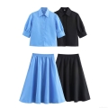 Women's Casual Two Piece Skirt Set Short Sleeve Button Down Shirt And High Waist Midi A-Line Skirt Solid Color Summer Fashion Streetwear Outfit For Women