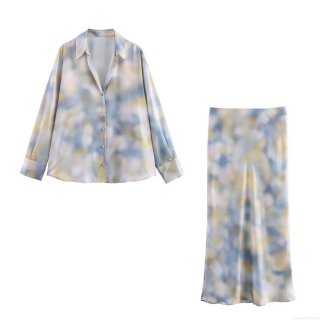 Women's Elegant Tie Dye Satin Two Piece Set Long Sleeve Button Down Shirt And High Waist Midi Skirt Set Abstract Print Streetwear Skirt Outfits For Women