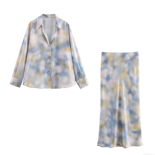 Women's Elegant Tie Dye Satin Two Piece Set Long Sleeve Button Down Shirt And High Waist Midi Skirt Set Abstract Print Streetwear Skirt Outfits For Women