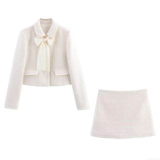 Elegant Cream Off White Tweed Two Piece Set Women Bow Decoration Short Jacket Coat And Matching Mini Skirt Suit Celebrity Style Office Lady Outfits