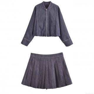 Women Denim Style 2 Piece Set Navy Blue Zip Up Bomber Jacket with High Waist Pleated Mini Skirt Casual Streetwear Outfits for Spring Autumn